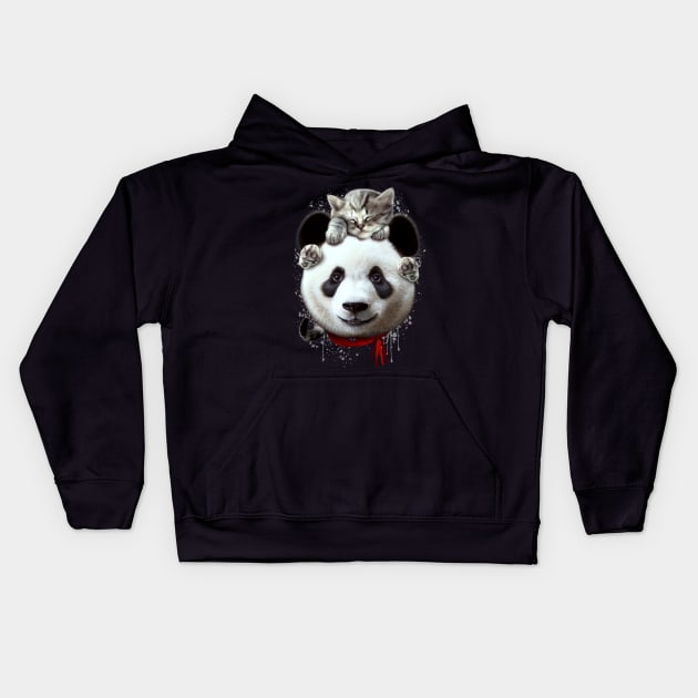 CAT ON PANDA Kids Hoodie by ADAMLAWLESS